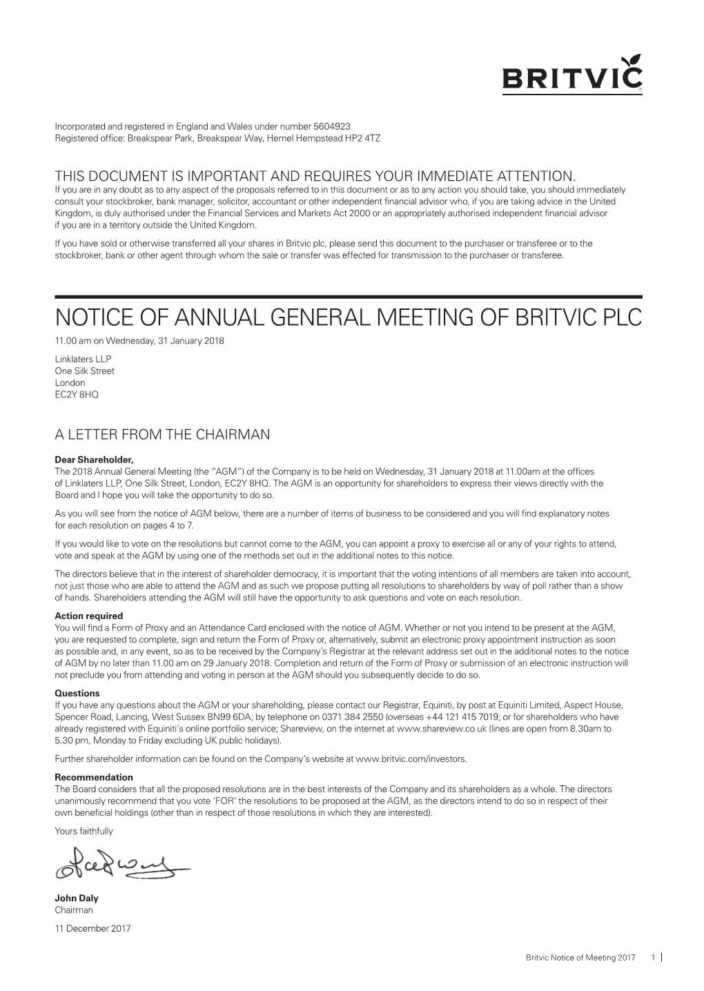 NOTICE of ANNUAL GENERAL MEETING of BRITVIC PLC 11.00 Am on Wednesday, 31 January 2018 Linklaters LLP One Silk Street London EC2Y 8HQ