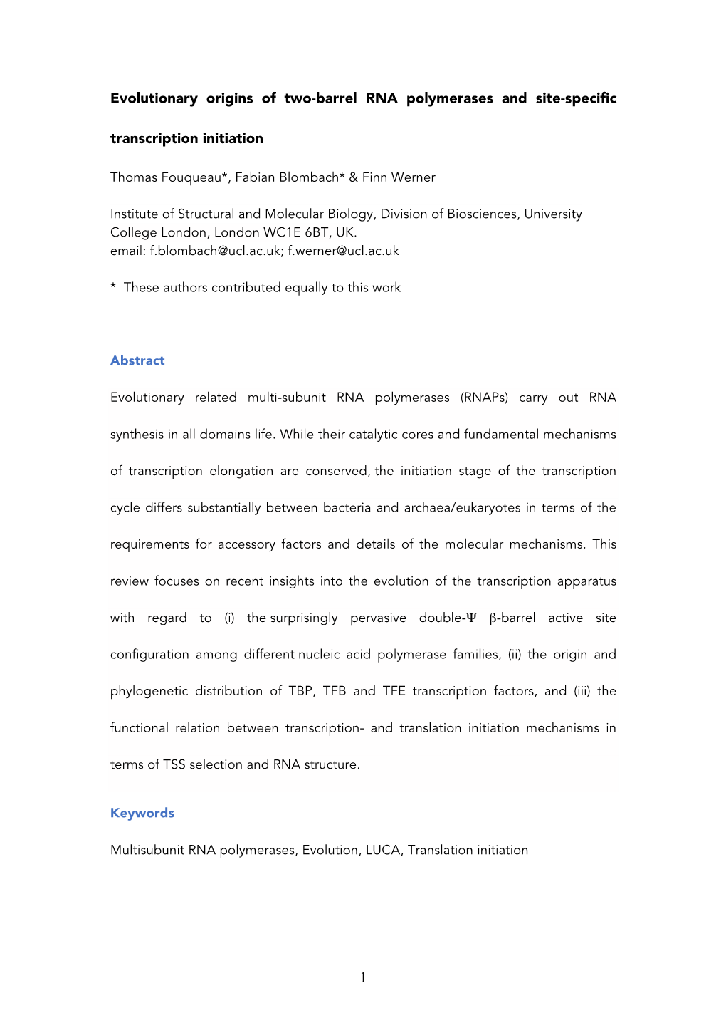 1 Evolutionary Origins of Two-Barrel RNA Polymerases and Site-Specific