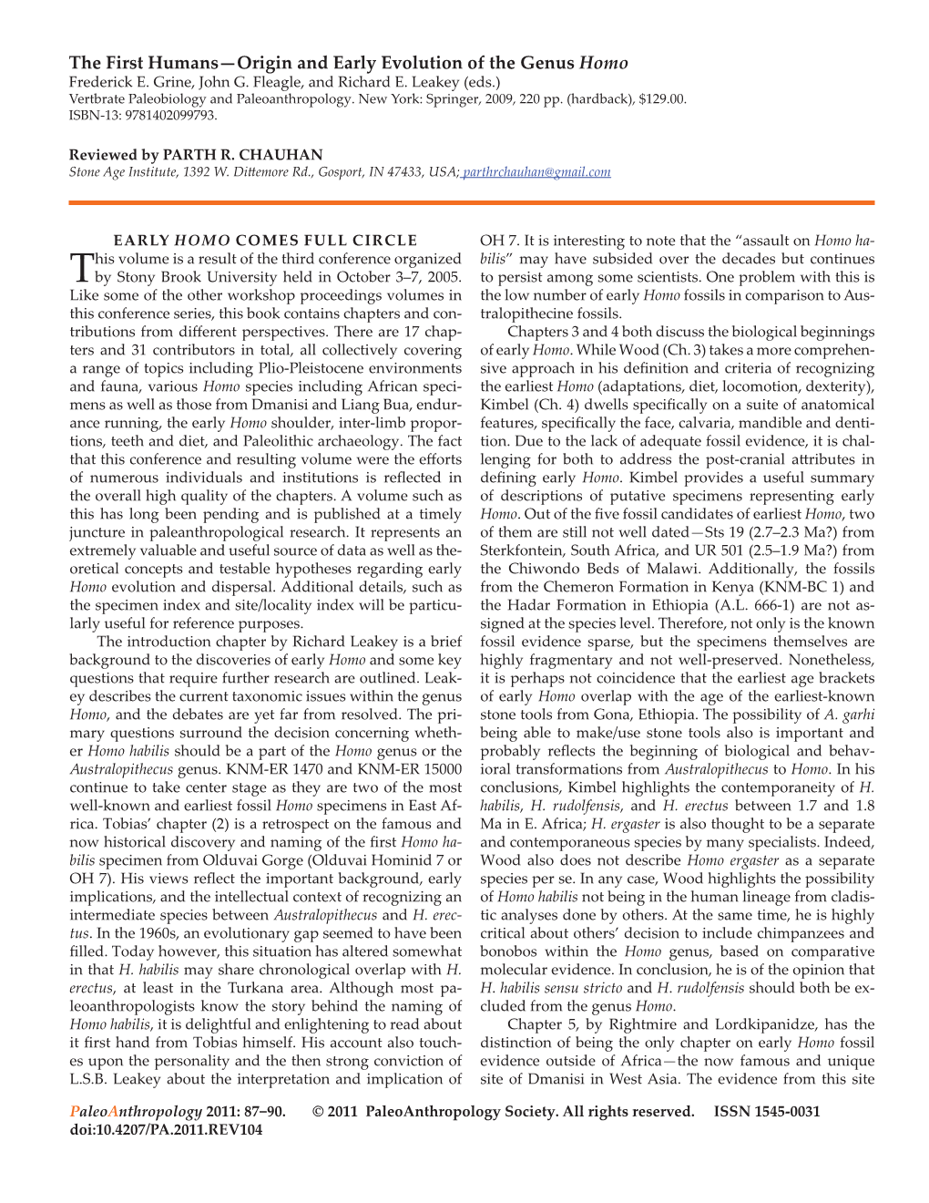 The First Humans—Origin and Early Evolution of the Genus Homo Frederick E