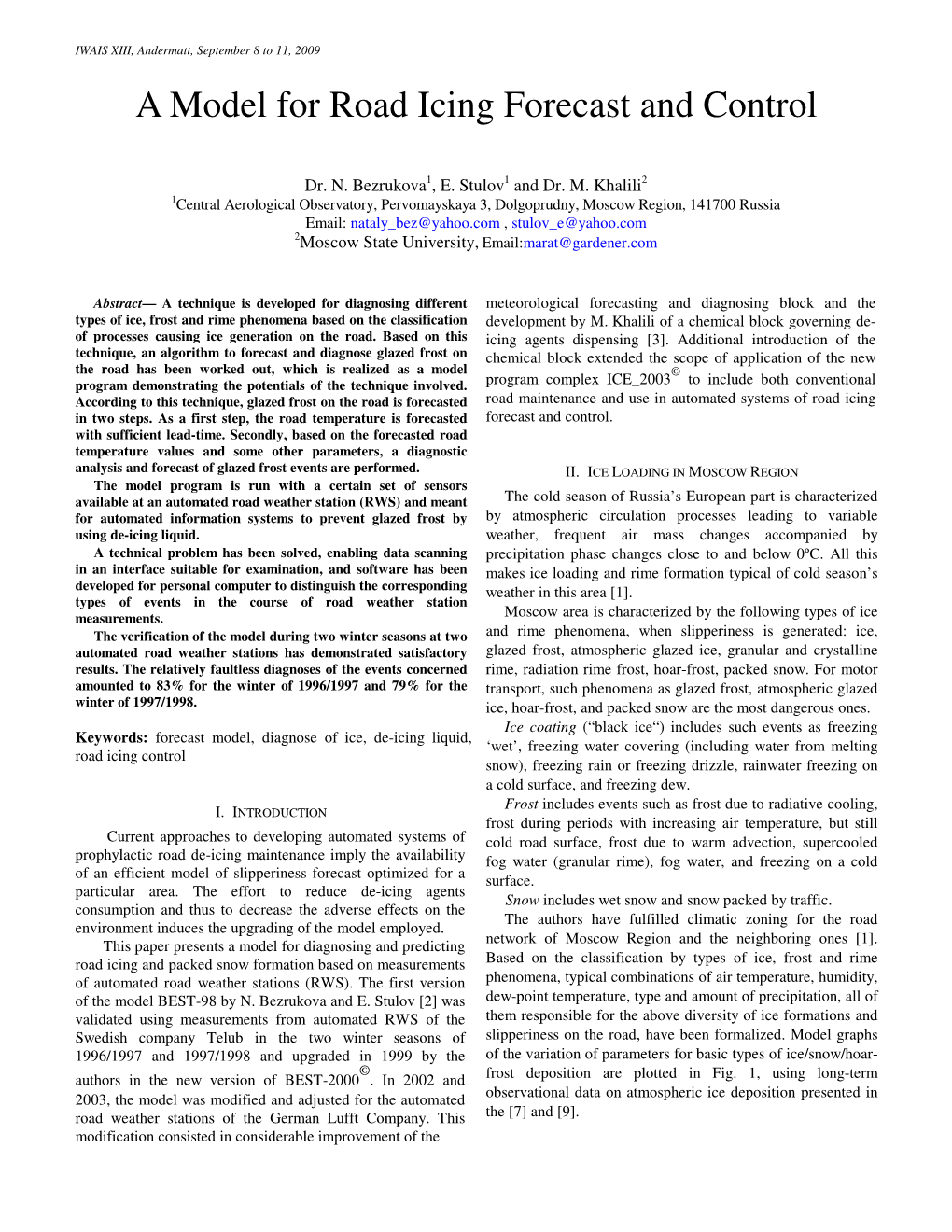 A Model for Road Icing Forecast and Control