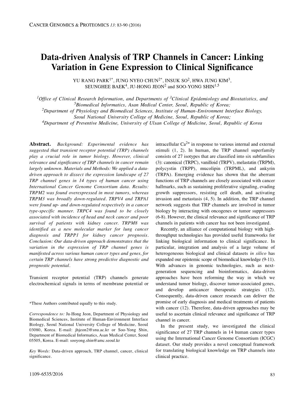 Data-Driven Analysis of TRP Channels in Cancer