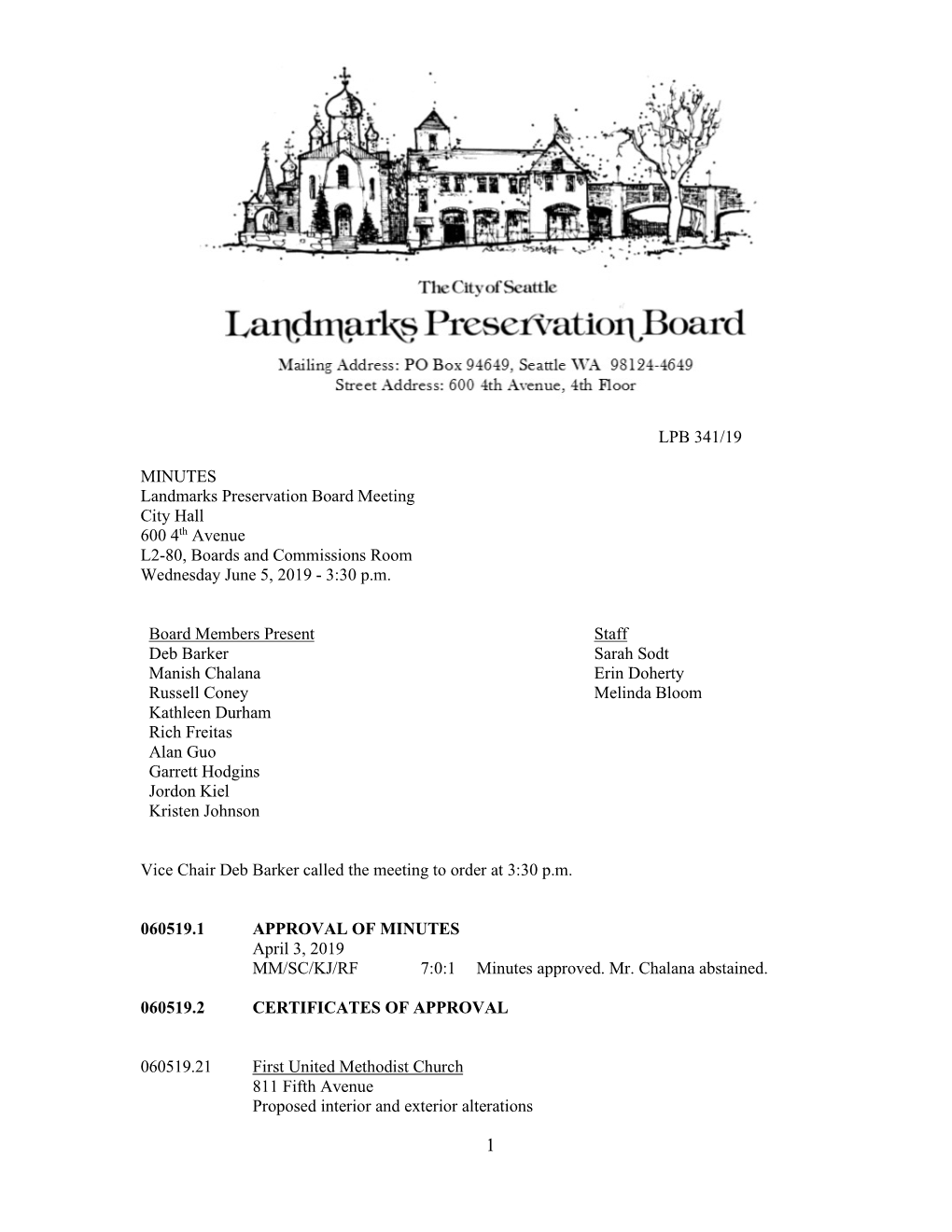 LPB 341/19 MINUTES Landmarks Preservation Board Meeting City