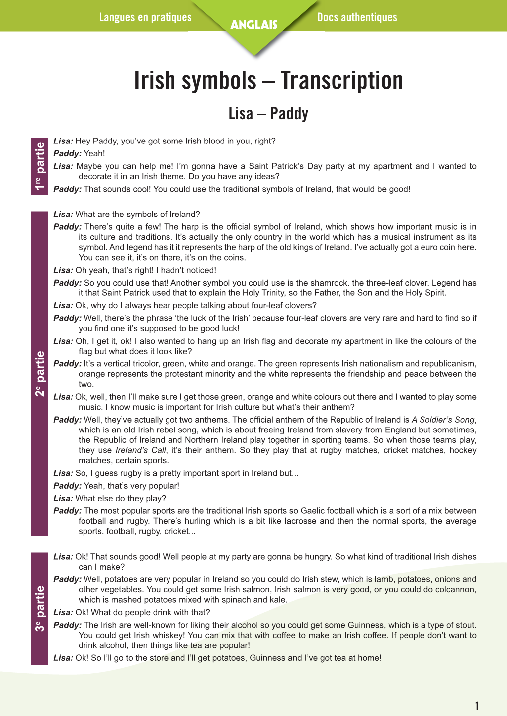 Irish Symbols – Transcription Lisa – Paddy