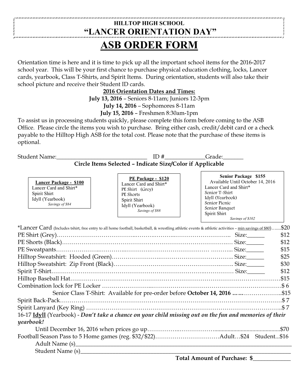 “Lancer Orientation Day” Asb Order Form