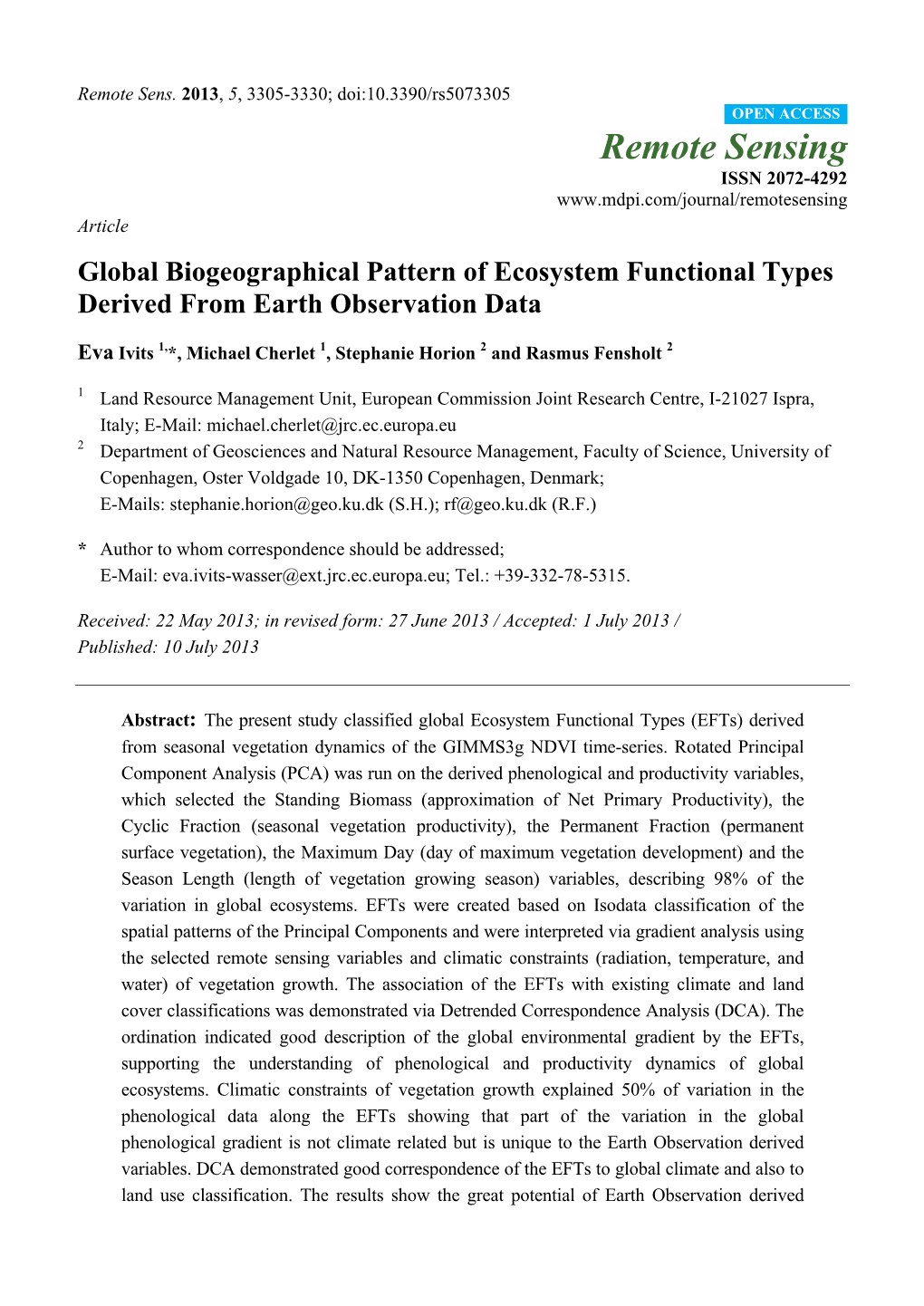 Global Biogeographical Pattern of Ecosystem Functional Types Derived from Earth Observation Data