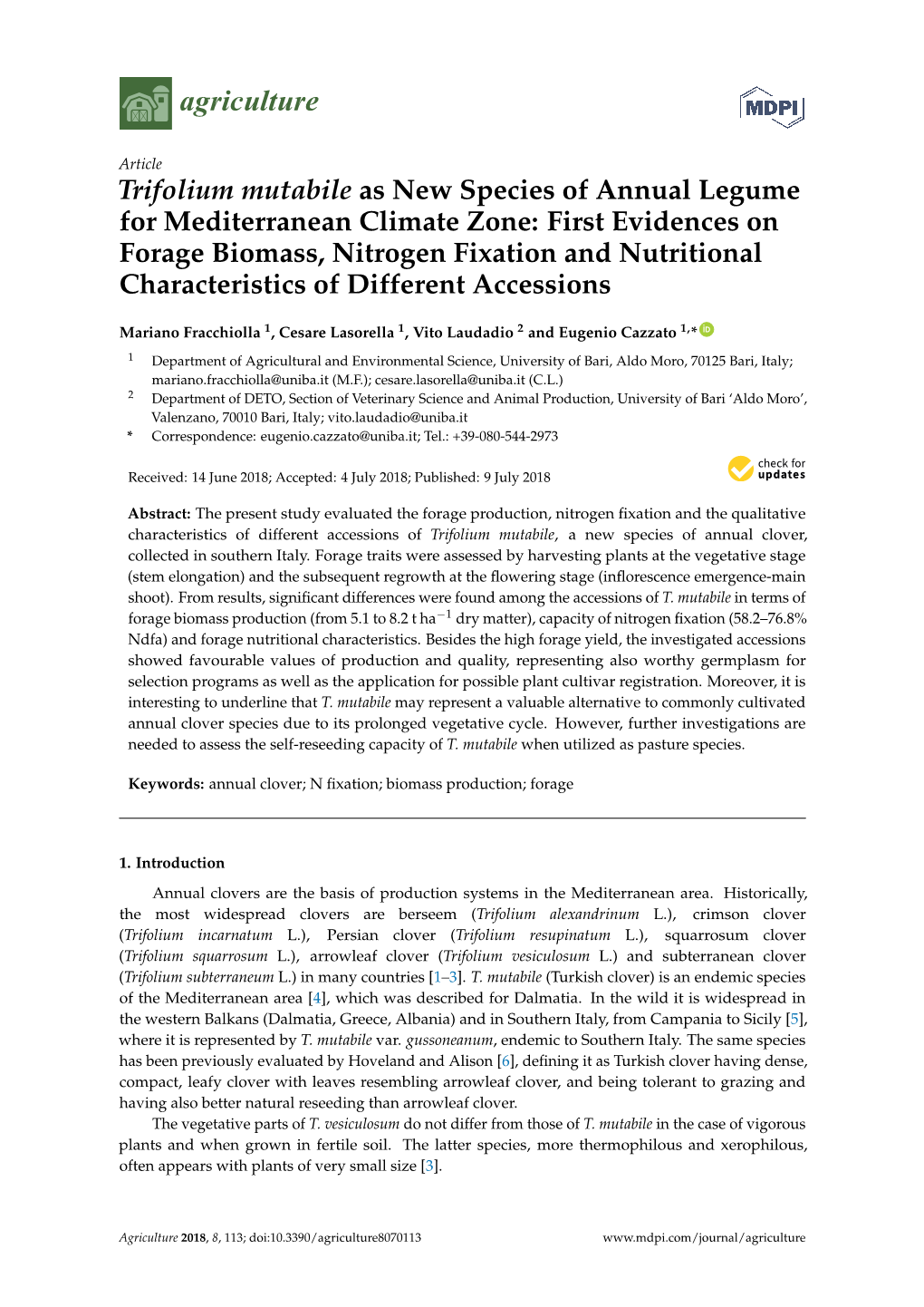 Trifolium Mutabile As New Species of Annual Legume for Mediterranean Climate Zone: First Evidences on Forage Biomass, Nitrogen F