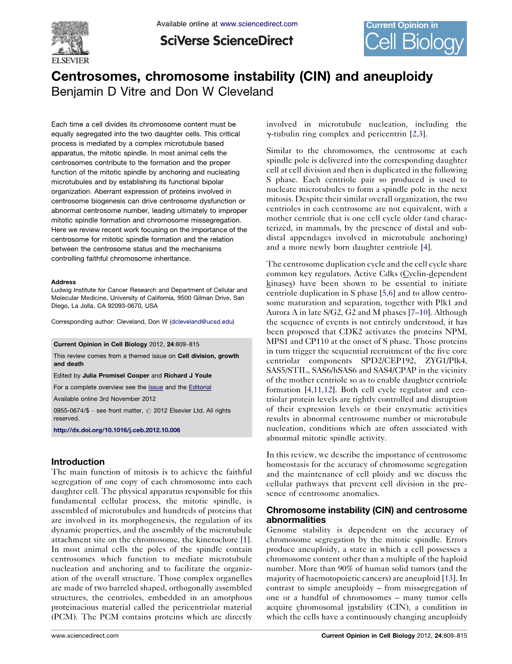 Centrosomes, Chromosome Instability (CIN) and Aneuploidy