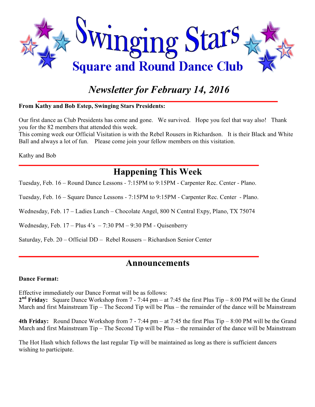 Newsletter for February 14, 2016