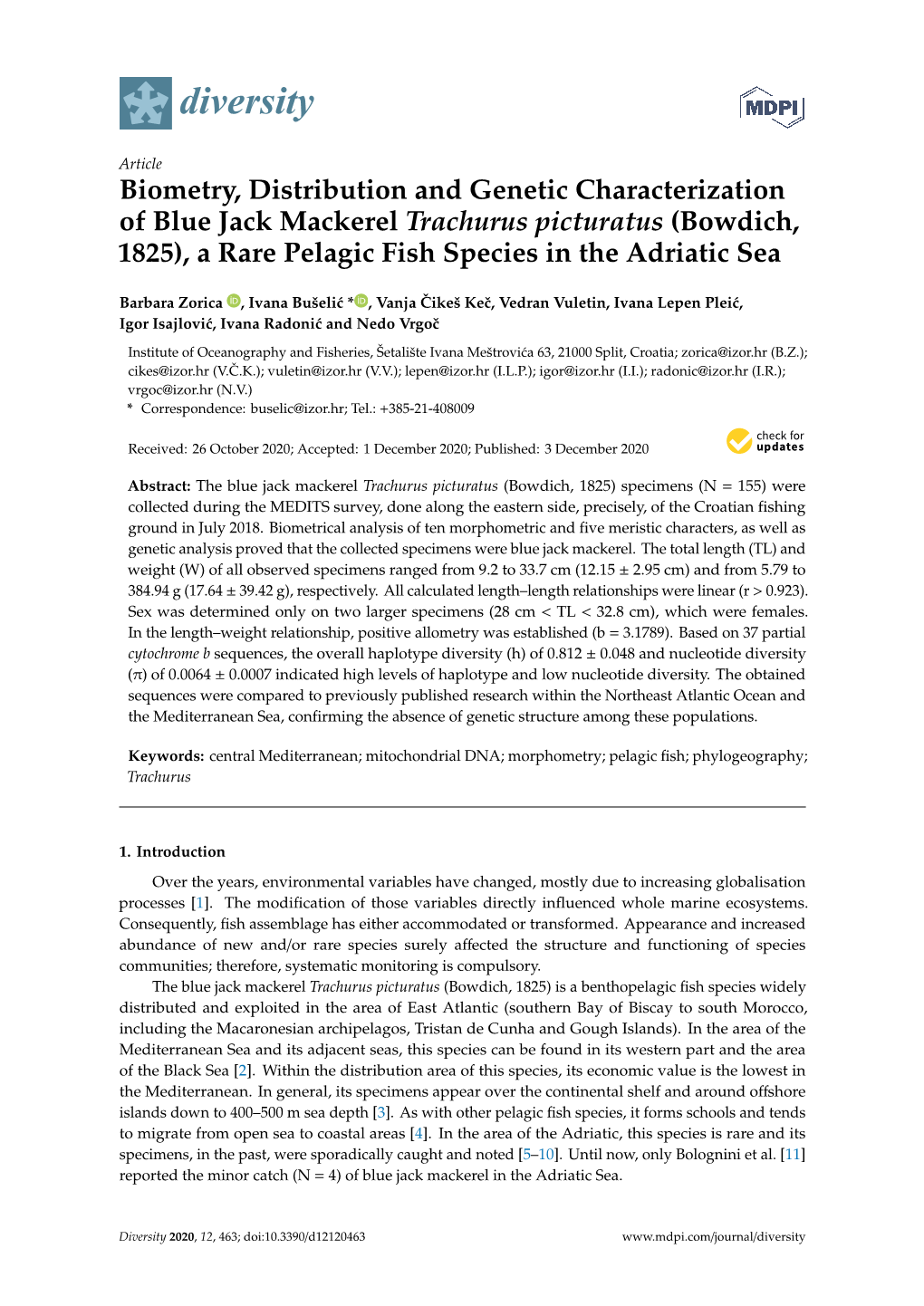 Biometry, Distribution and Genetic Characterization of Blue Jack Mackerel Trachurus Picturatus (Bowdich, 1825), a Rare Pelagic Fish Species in the Adriatic Sea