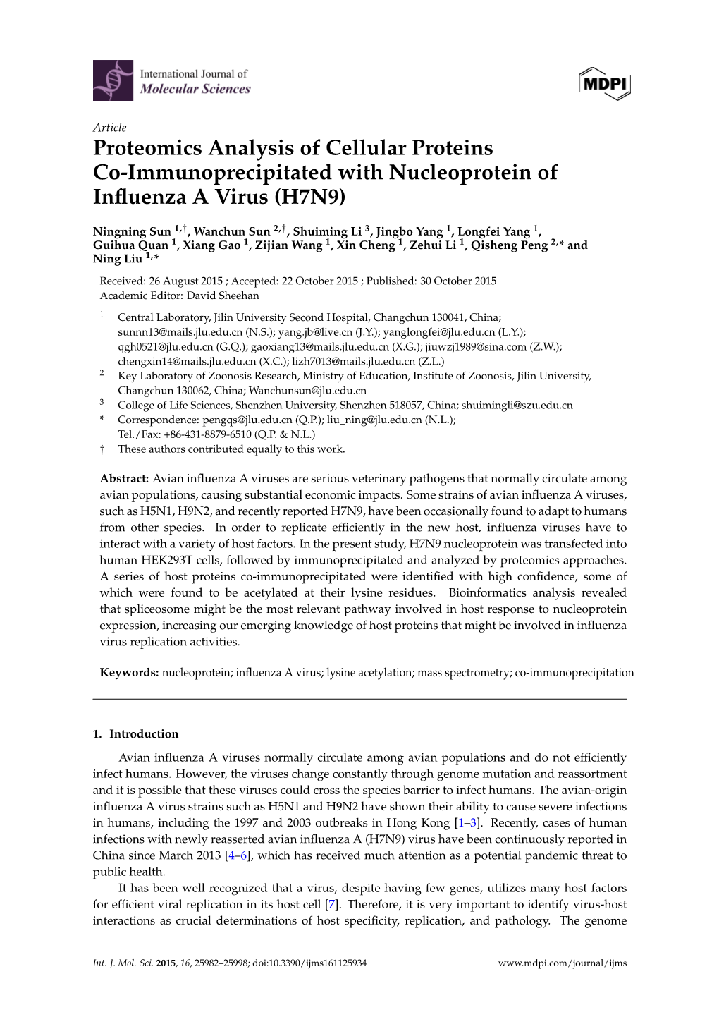 Proteomics Analysis of Cellular Proteins Co-Immunoprecipitated with Nucleoprotein of Inﬂuenza a Virus (H7N9)