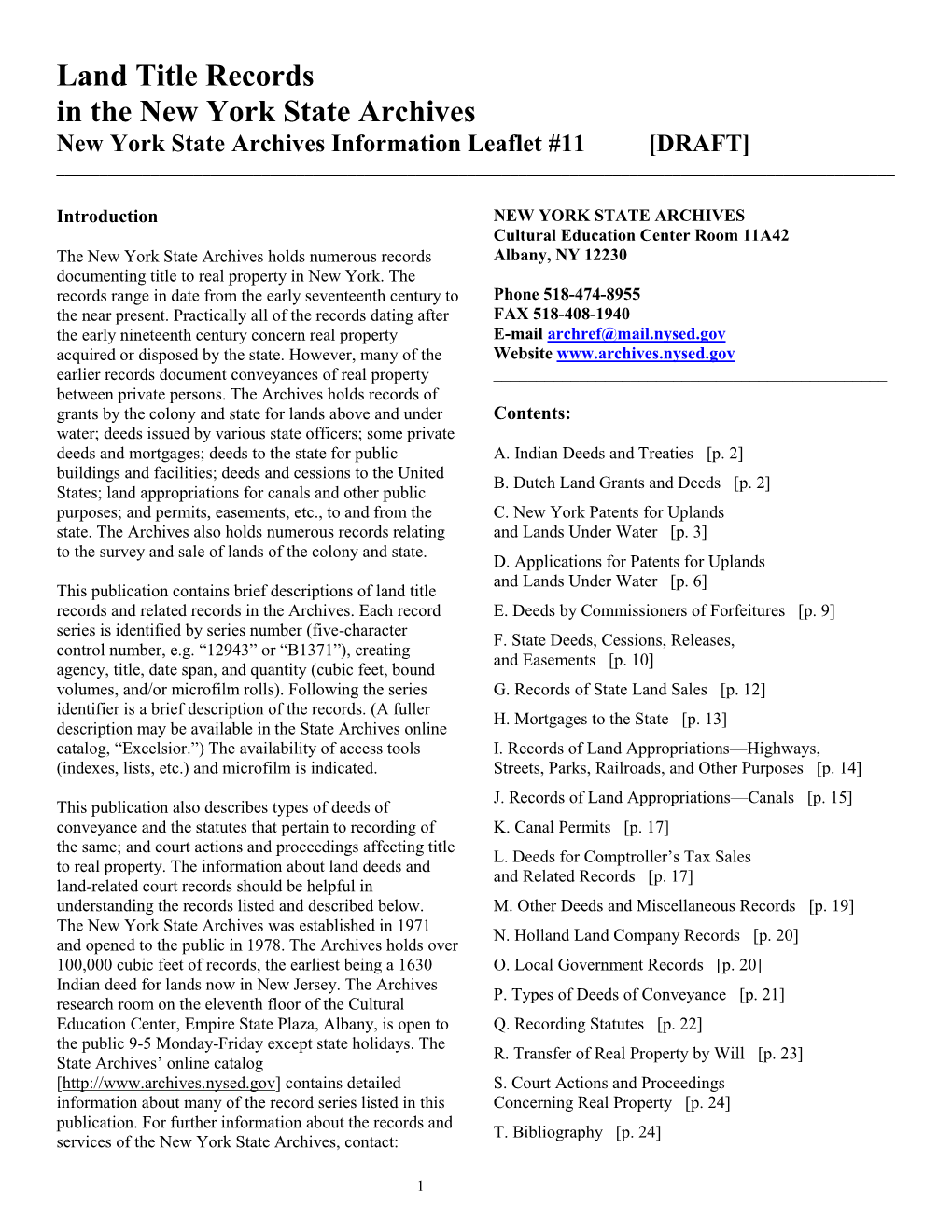 Land Title Records in the New York State Archives New York State Archives Information Leaflet #11 [DRAFT] ______