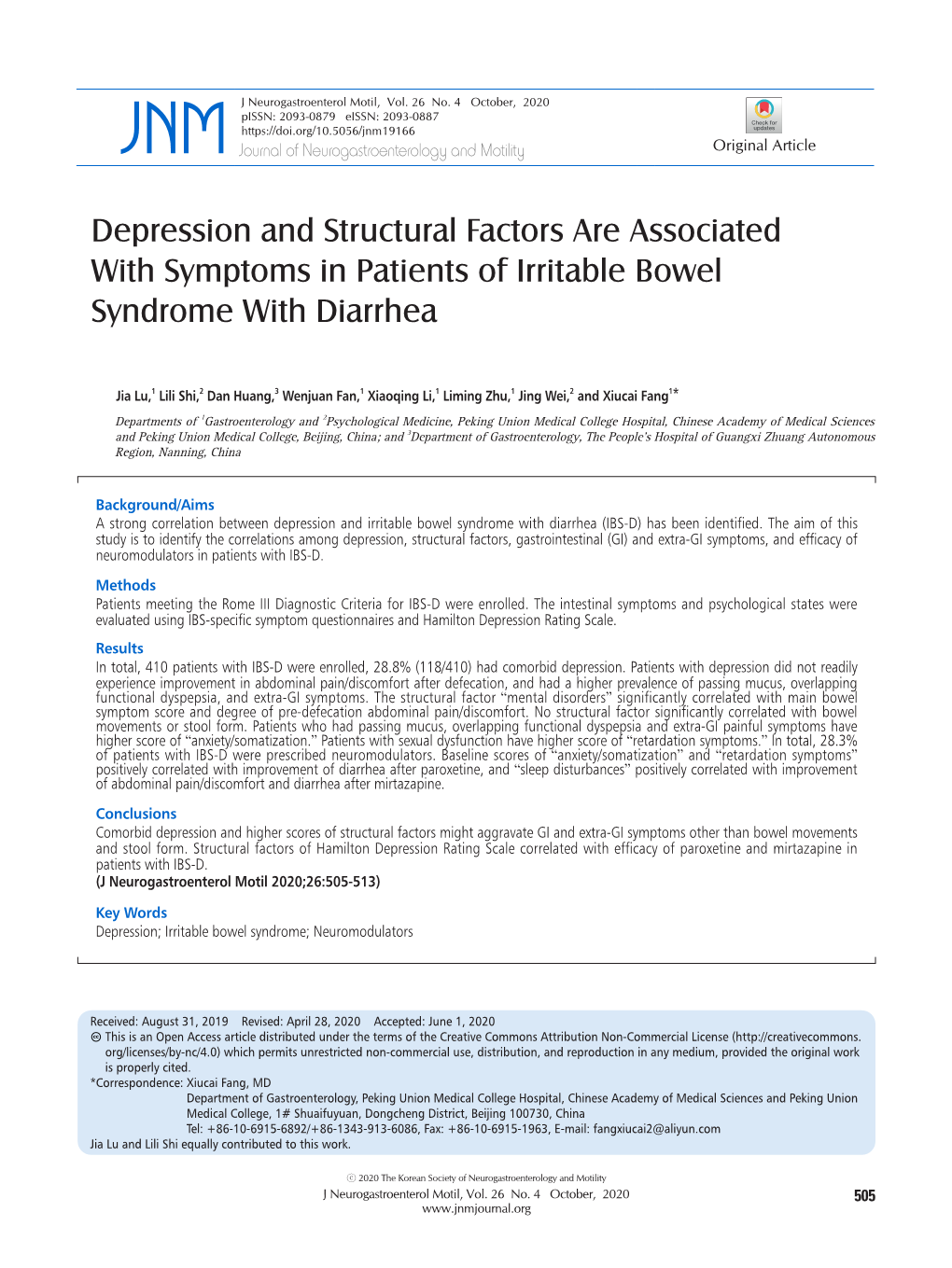 Depression and Structural Factors Are Associated with Symptoms in Patients of Irritable Bowel Syndrome with Diarrhea