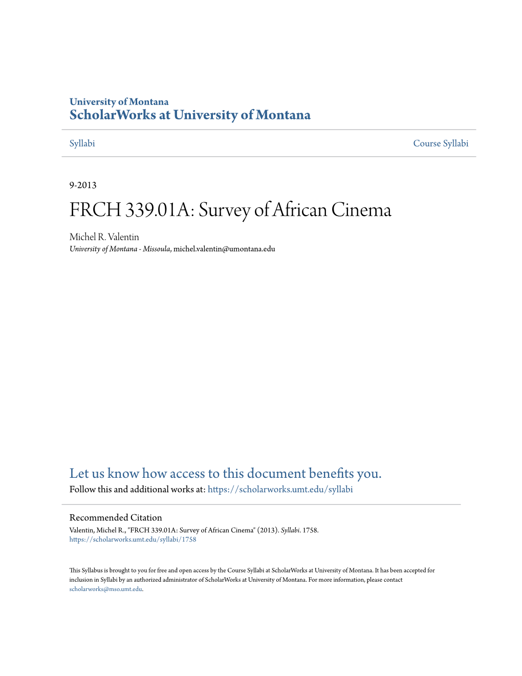 FRCH 339.01A: Survey of African Cinema Michel R