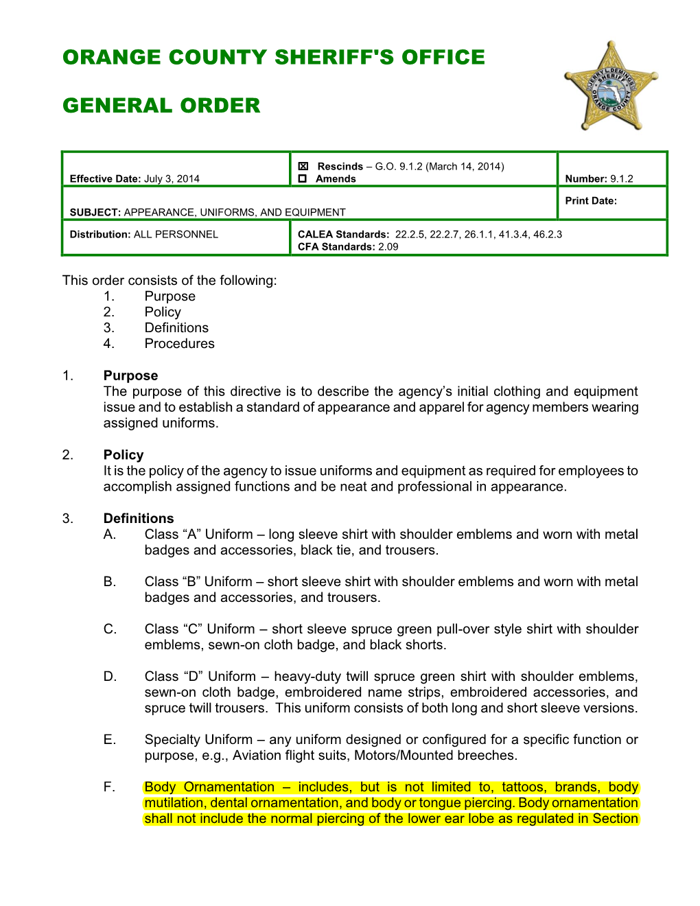 Orange County Sheriff's Office General Order