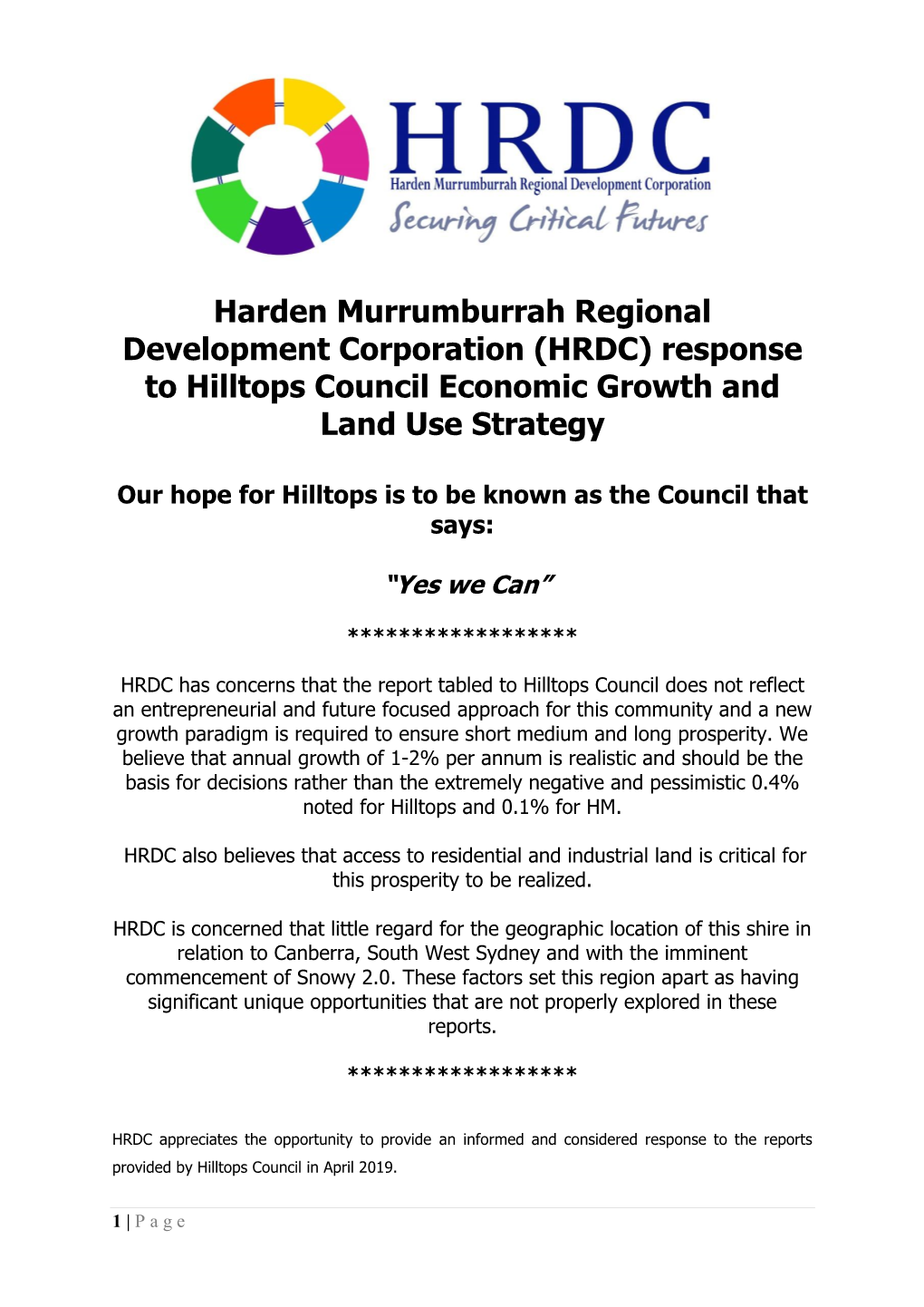 Response to Hilltops Council Economic Growth and Land Use Strategy
