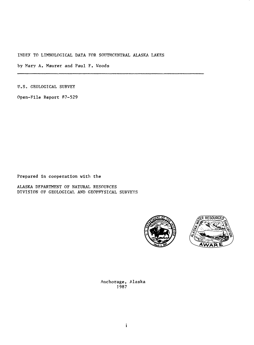 TO LIMNOLOGICAL DATA for SOUTHCENTRAL ALASKA LAKES by Mary A