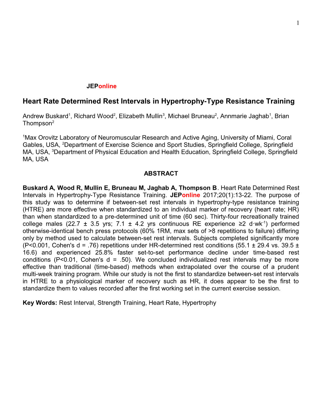 Heart Rate Determined Rest Intervals in Hypertrophy-Type Resistance Training