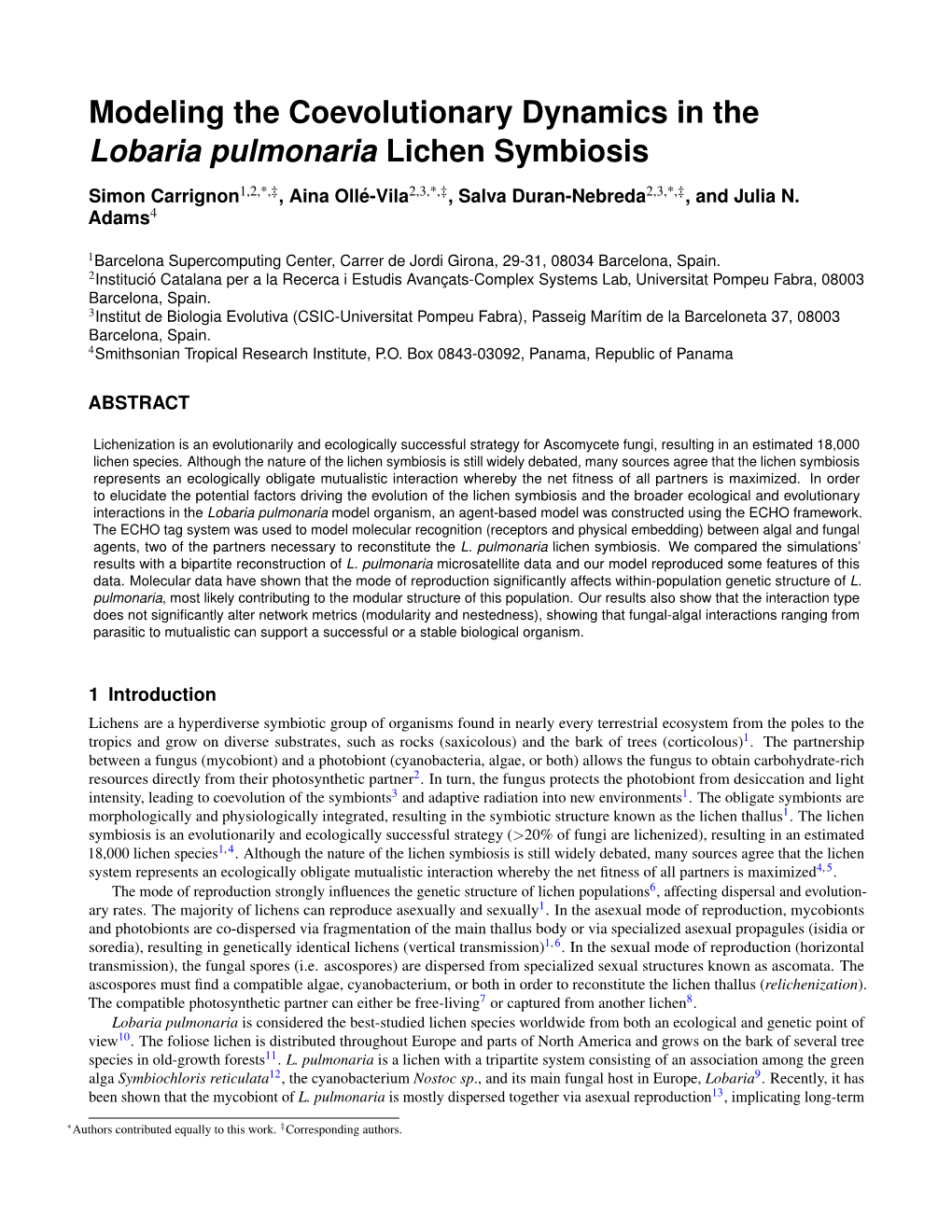 Modeling the Coevolutionary Dynamics in the Lobaria Pulmonaria Lichen Symbiosis