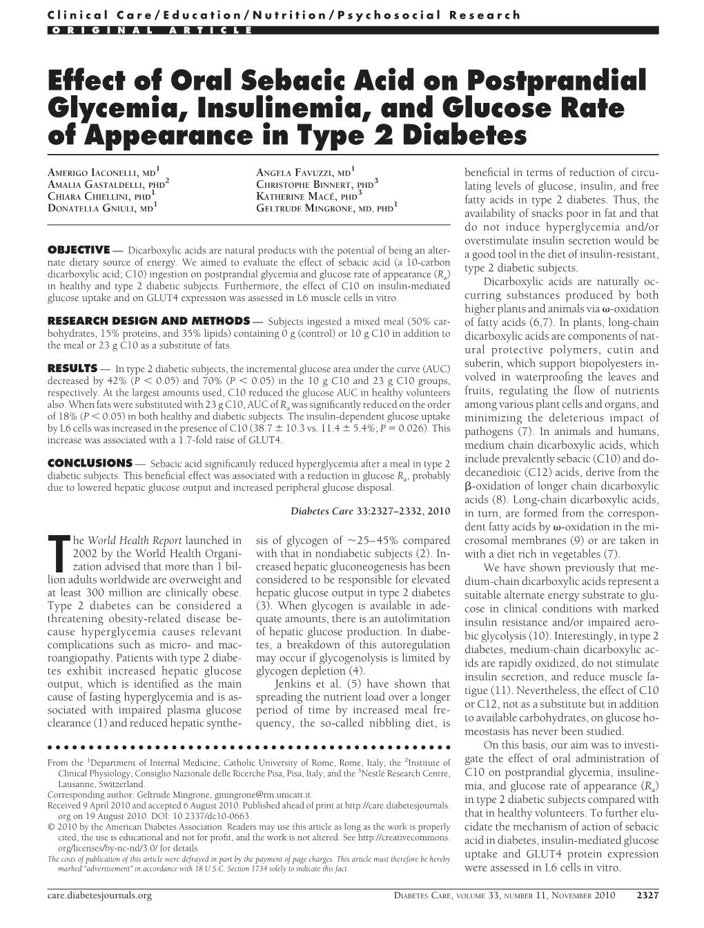 Effect of Oral Sebacic Acid on Postprandial Glycemia, Insulinemia, and Glucose Rate of Appearance in Type 2 Diabetes