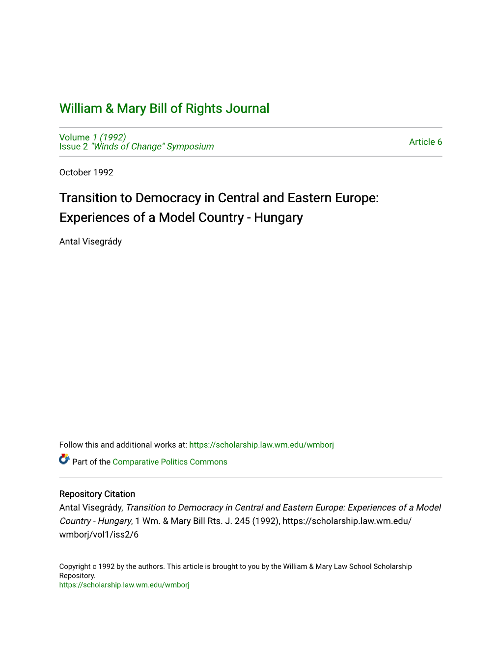 Transition to Democracy in Central and Eastern Europe: Experiences of a Model Country - Hungary