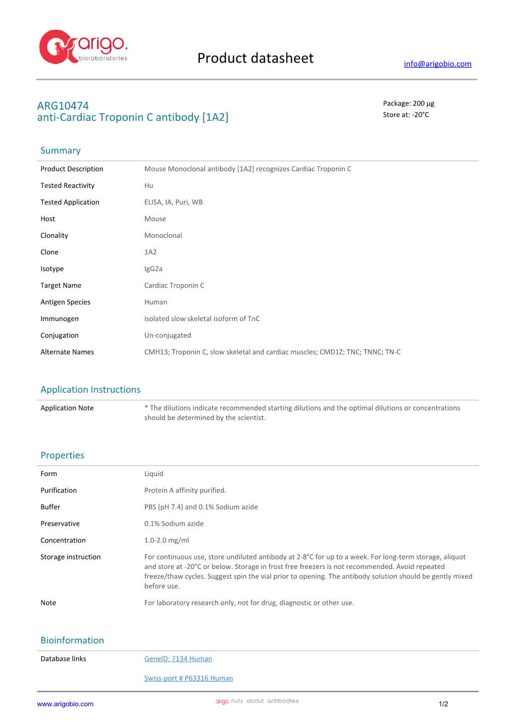 Anti-Cardiac Troponin C Antibody [1A2] (ARG10474)