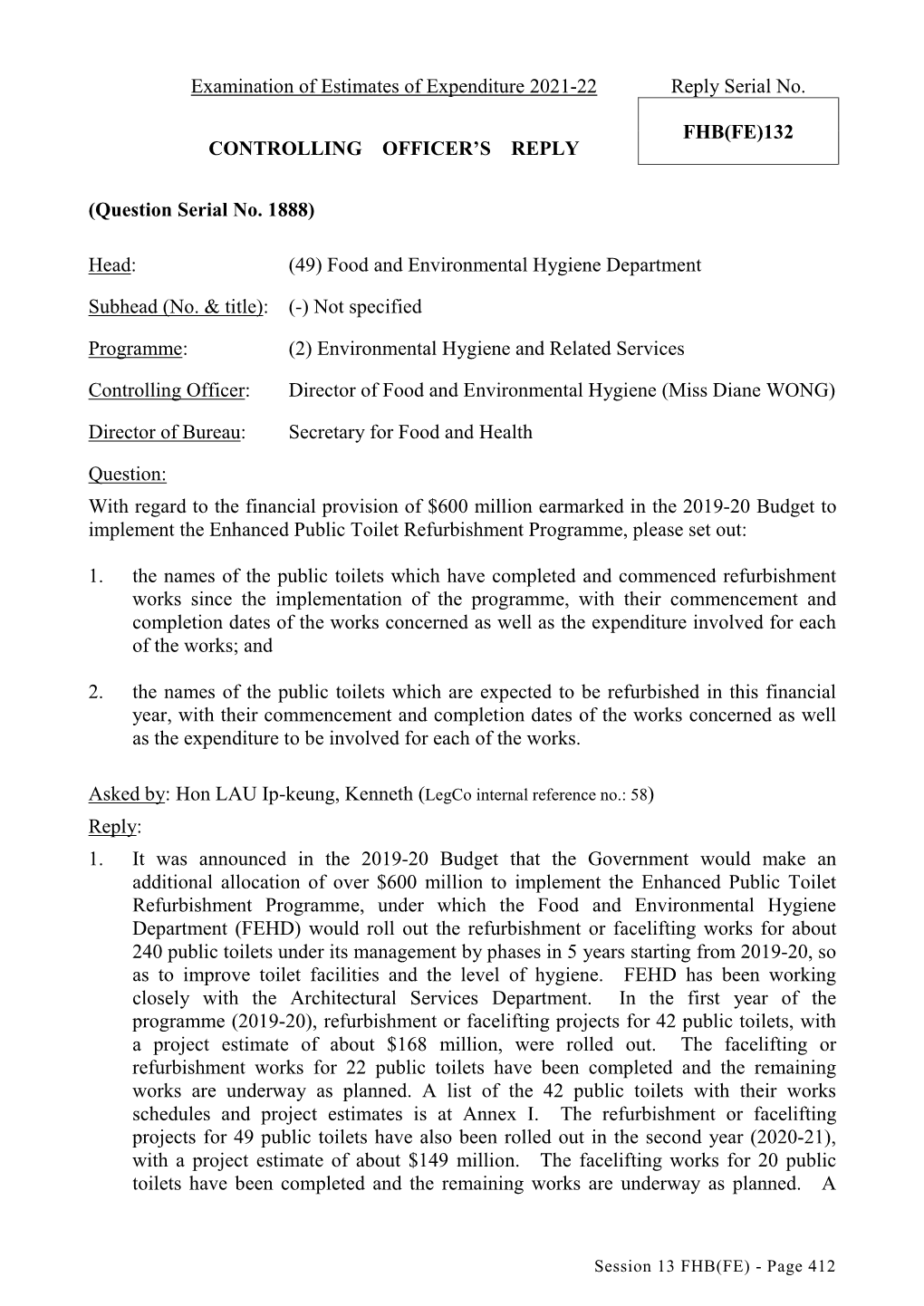 Fhb(Fe)132 Controlling Officer’S Reply