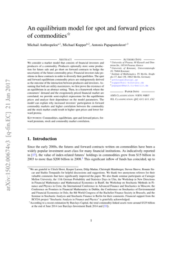 An Equilibrium Model for Spot and Forward Prices of Commodities Arxiv