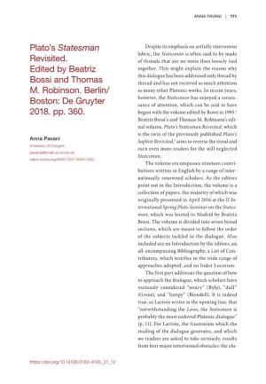 Plato's Statesman Revisited. Edited by Beatriz Bossi And