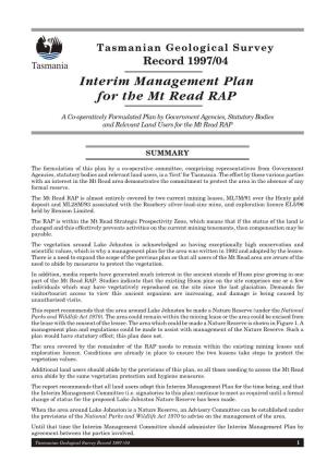 Interim Management Plan for the Mt Read RAP