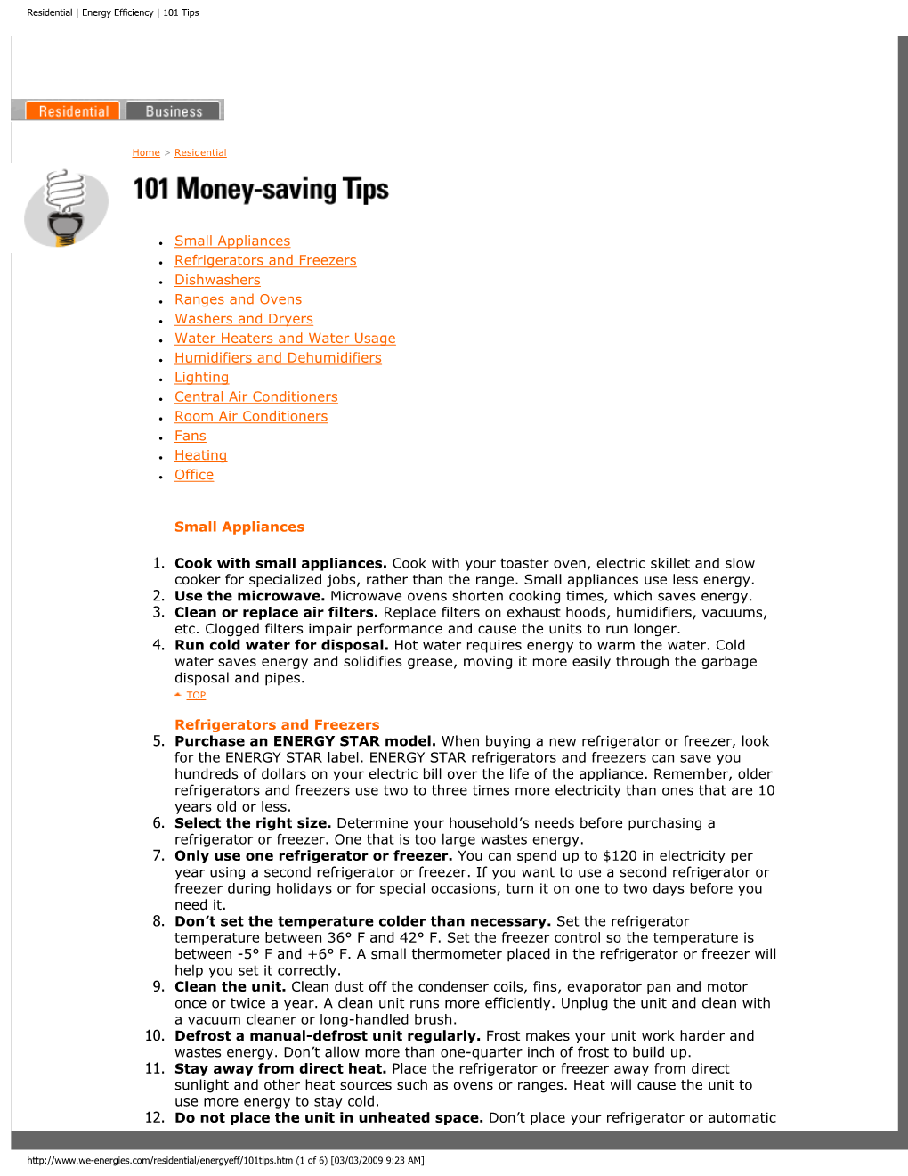 Residential | Energy Efficiency | 101 Tips