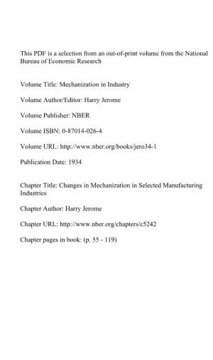 Changes in Mechanization in Selected Manufacturing Industries
