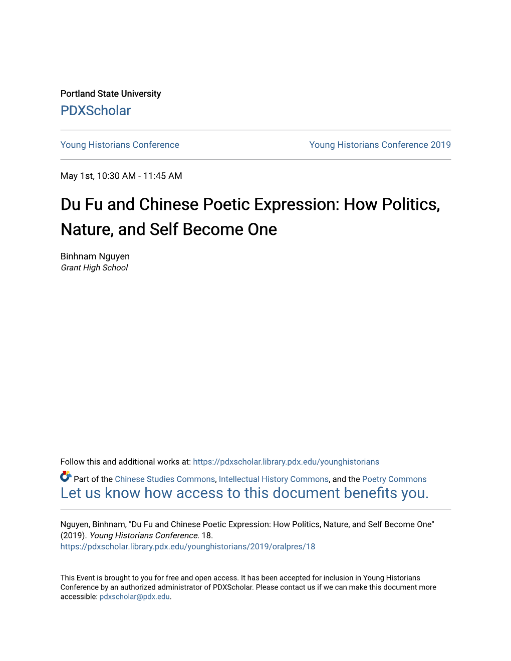 Du Fu and Chinese Poetic Expression: How Politics, Nature, and Self Become One