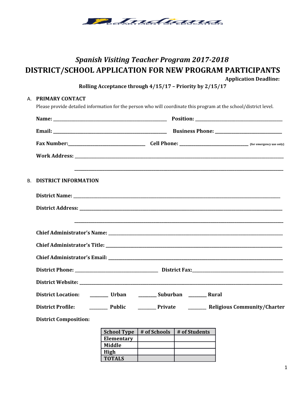 Spanish Visiting Teacher Program 2017-2018 DISTRICT/SCHOOL APPLICATION for NEW PROGRAM