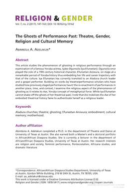 Theatre, Gender, Religion and Cultural Memory