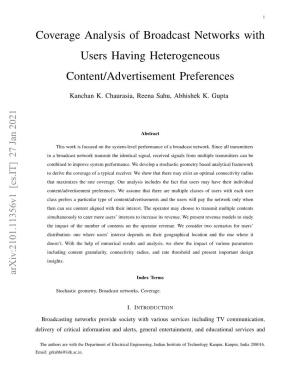 Coverage Analysis of Broadcast Networks with Users Having Heterogeneous Content/Advertisement Preferences
