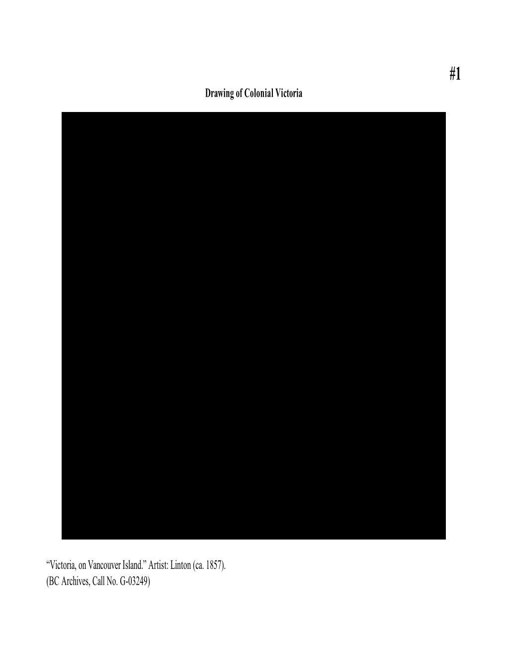 Drawing of Colonial Victoria “Victoria, on Vancouver Island.” Artist: Linton (Ca. 1857). (BC Archives, Call No. G-03249)