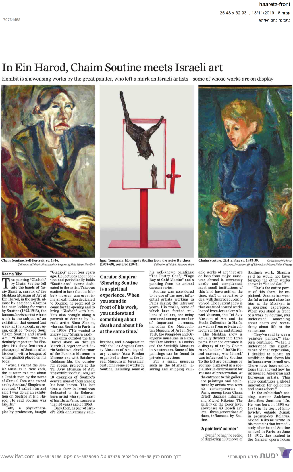 In Ein Harod,Chaim Soutine Meets Israeliart Exhibit Isshowcasingworks by the Greatpainter,Who Left Mark on Israeliartists Some of Whose Works Are on Display