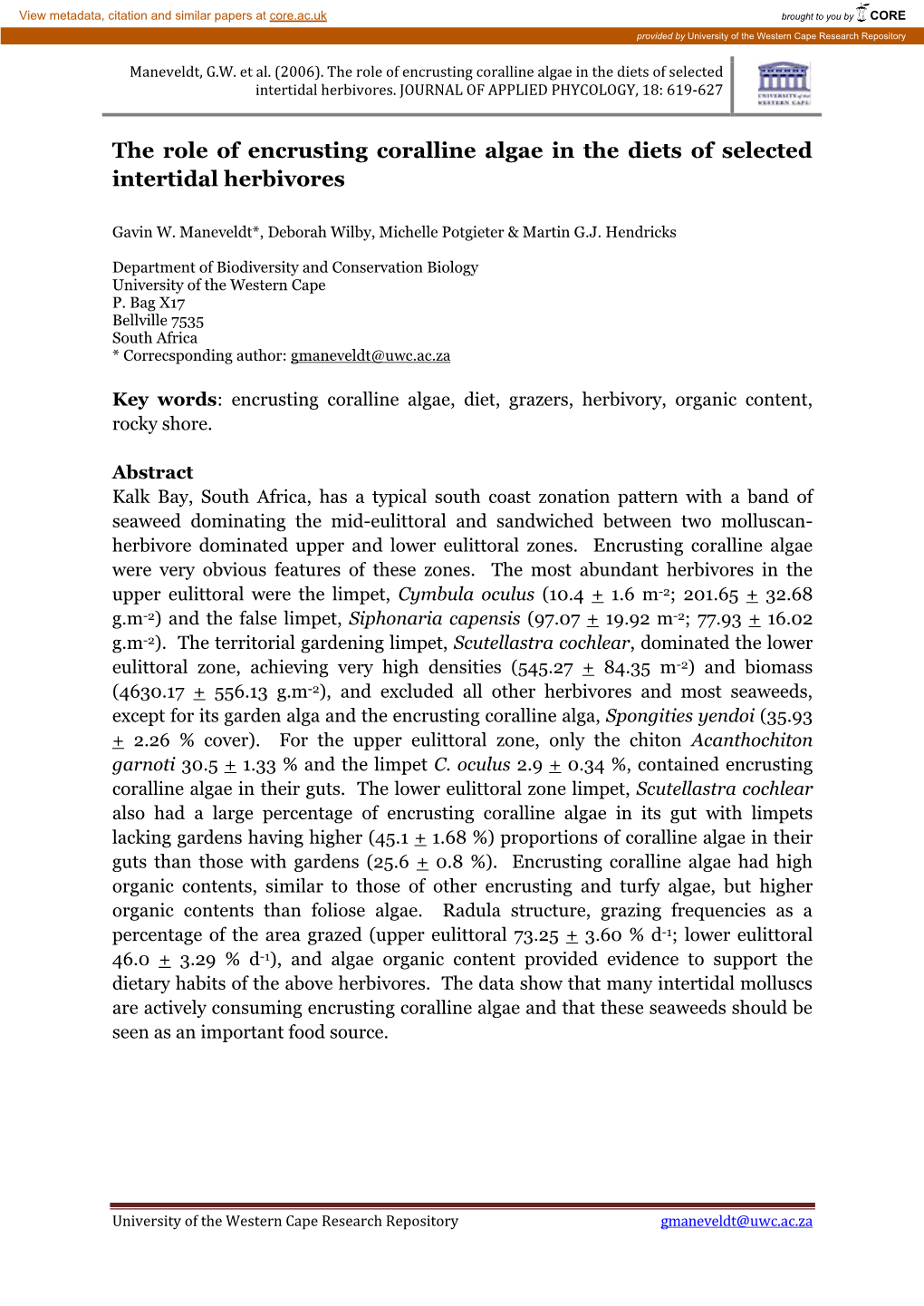 The Role of Encrusting Coralline Algae in the Diets of Intertidal Herbivores