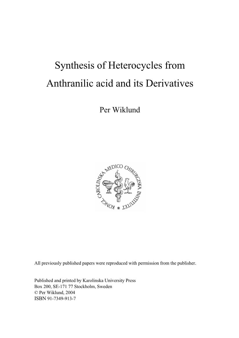 Synthesis of Heterocycles from Anthranilic Acid and Its Derivatives