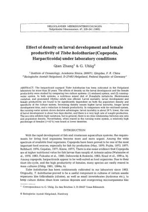 Effect of Density on Larval Development and Female Productivity of Tisbe Holothuriae (Copepoda, Harpacticoida) Under Laboratory Conditions