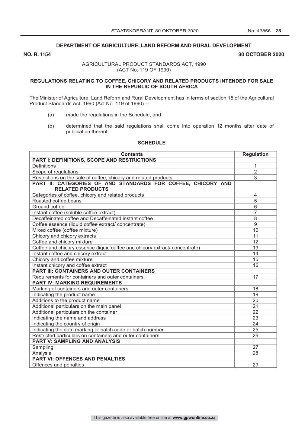 Agricultural Product Standards Act: Regulations: Coffee, Chicory And