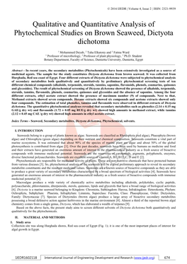 Qualitative and Quantitative Analysis of Phytochemical Studies on Brown Seaweed, Dictyota Dichotoma