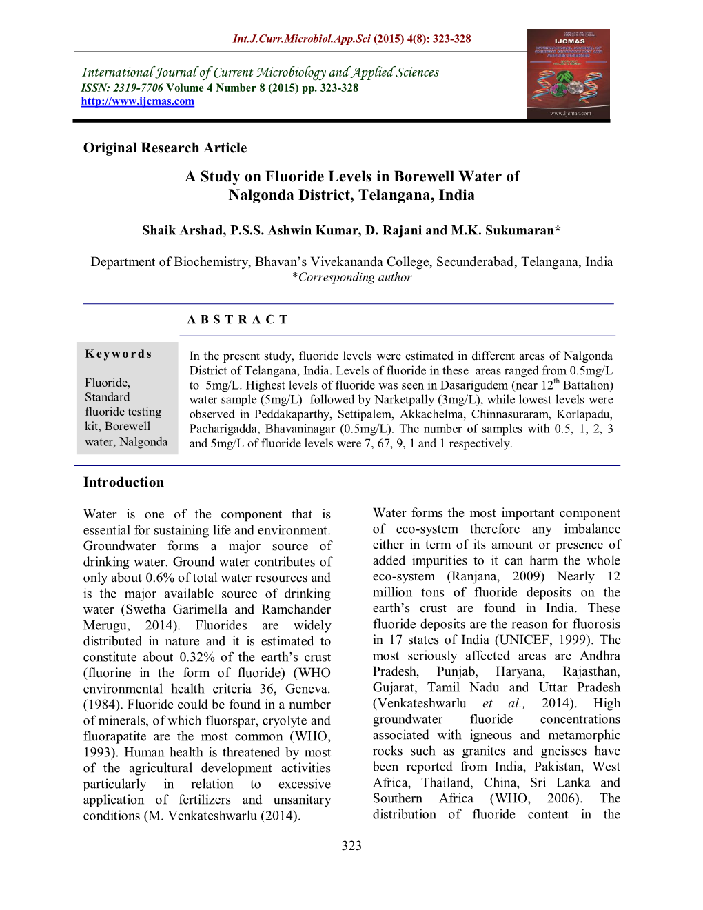 A Study on Fluoride Levels in Borewell Water of Nalgonda District, Telangana, India