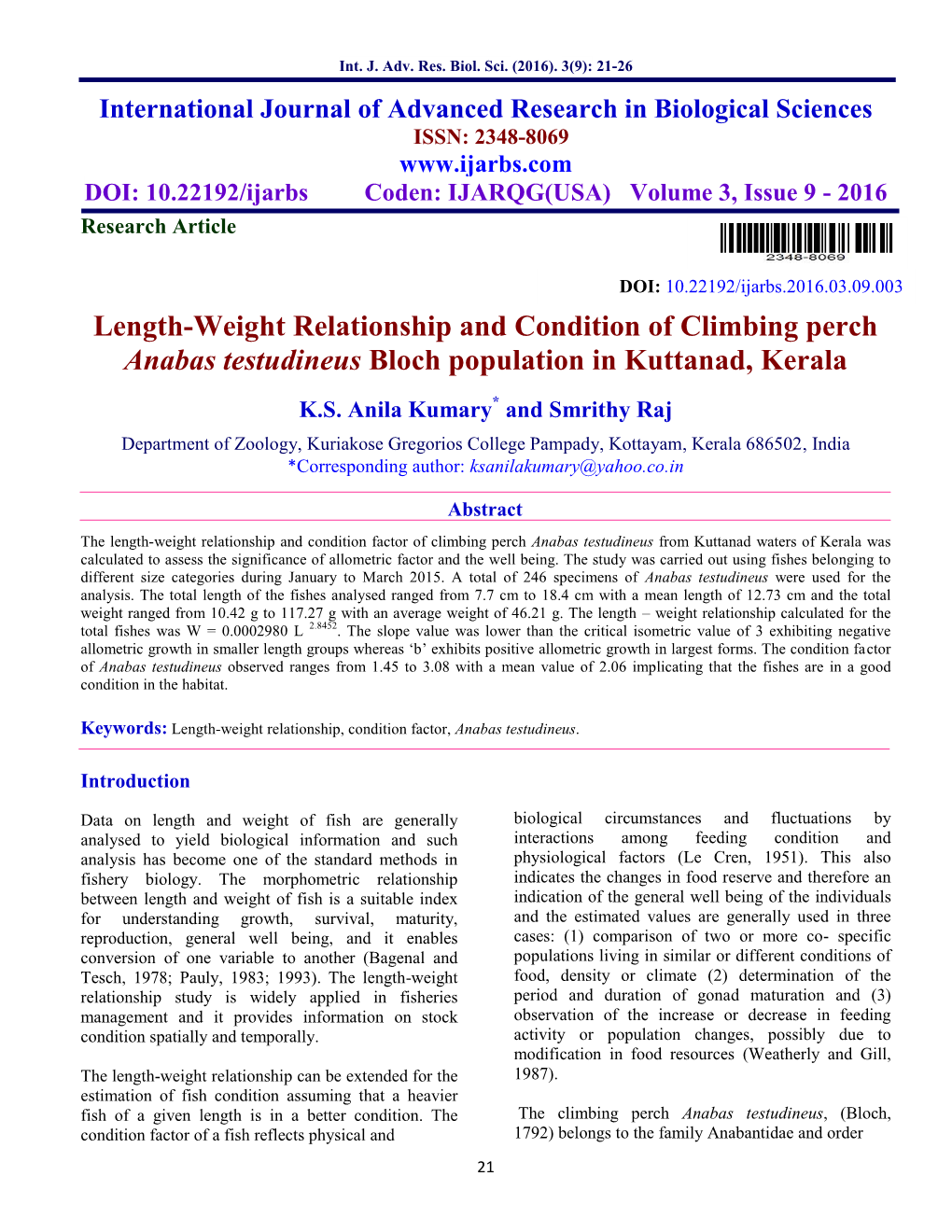 Length-Weight Relationship and Condition of Climbing Perch Anabas Testudineus Bloch Population in Kuttanad, Kerala K.S