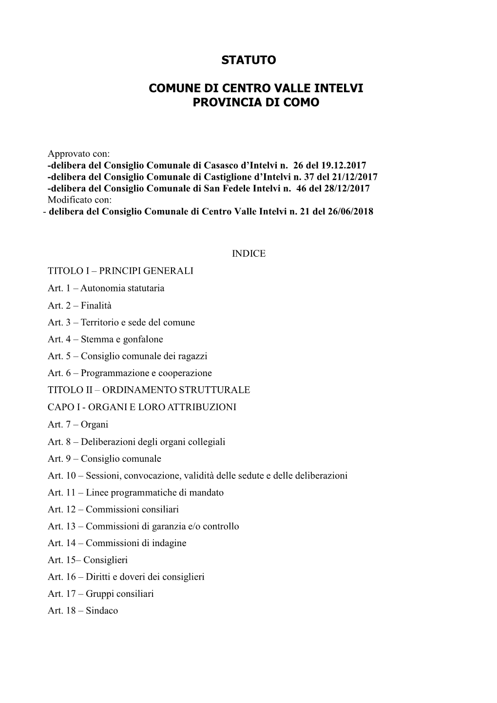 Statuto Comune Di Centro Valle Intelvi Provincia Di