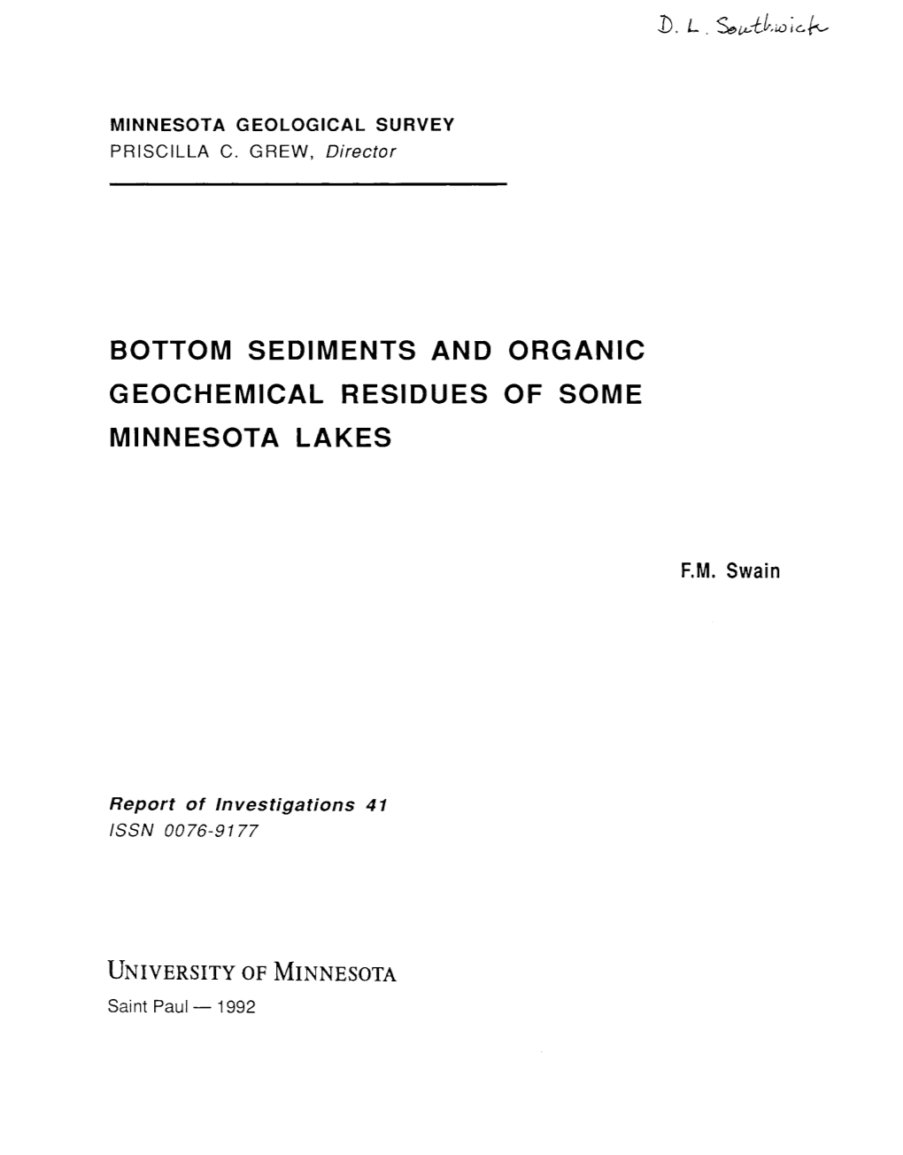 Bottom Sediments and Organic Geochemical Residues of Some Minnesota Lakes