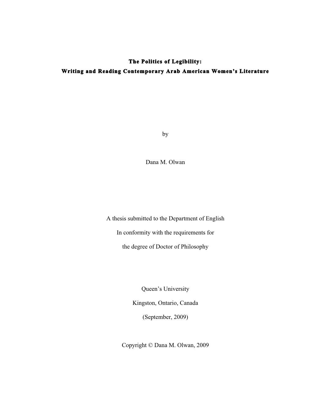 By Dana M. Olwan a Thesis Submitted to the Department of English In