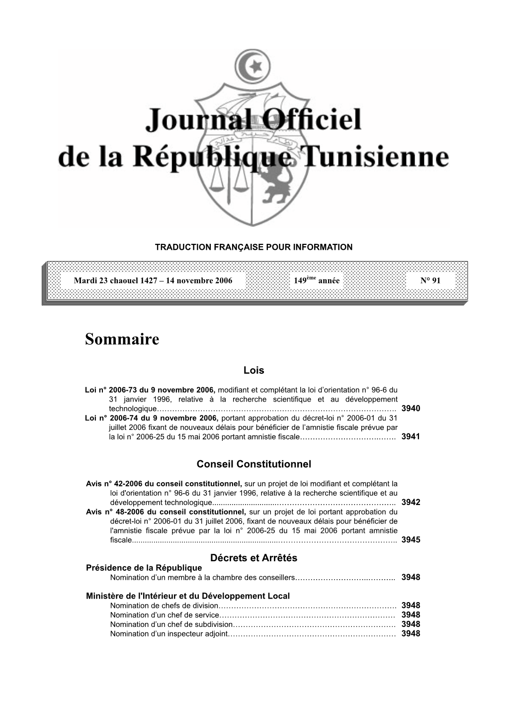 Loi N° 2006-73 Du 9 Novembre 2006, Modifiant Et Complétant La