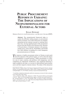 Public Procurement Reform in Ukraine: the Implications of Neopatrimonialism for External Actors