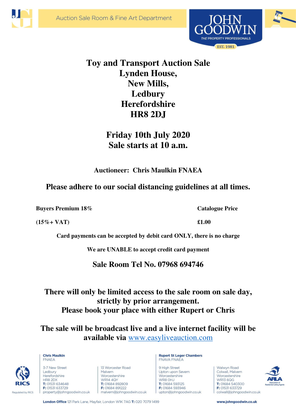 Toy and Transport Auction Sale Lynden House, New Mills, Ledbury Herefordshire HR8 2DJ Friday 10Th July 2020 Sale Starts at 10 A